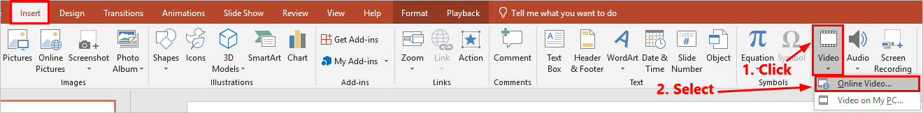 Формат видео для powerpoint. POWERPOINT 2021 онлайн. How to Insert text in screenshot. Launch POWERPOINT and select the Insert Tab to view the menu items.. Which option extends the Inserted Music to whole Slides in POWERPOINT.