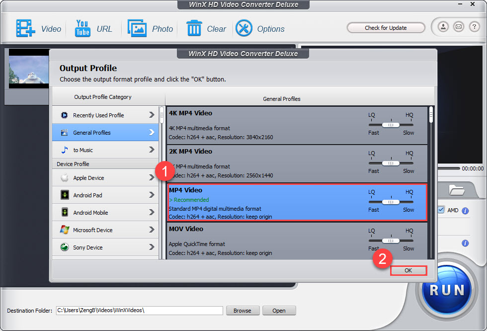 WinX HD Video Converter Deluxe select output profile