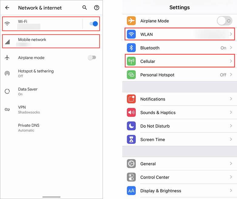 Android Settings (left) iOS Settings (right)