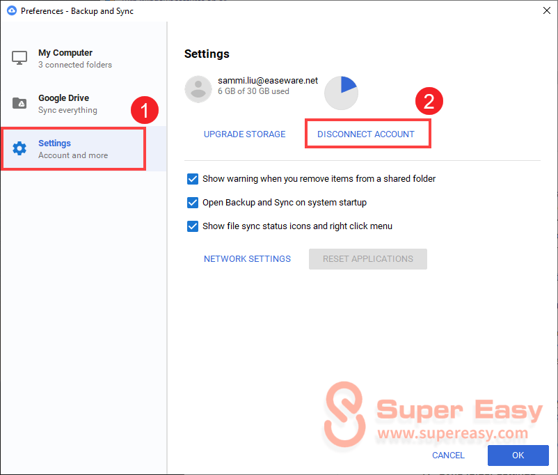 disconnect account backup and sync