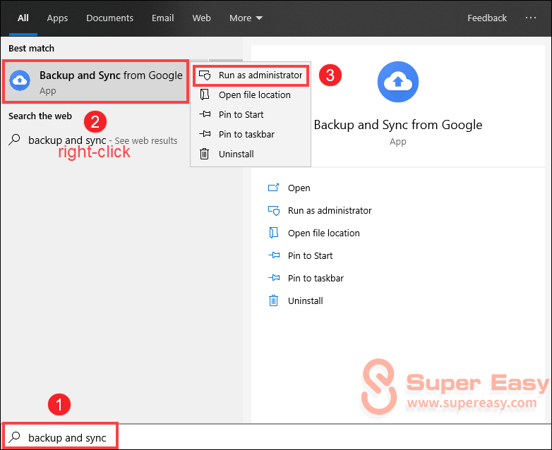 run backup and sync as administrator