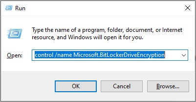 Copy control /name Microsoft.BitLockerDriveEncryption and paste it to the Run dialog, then press Enter