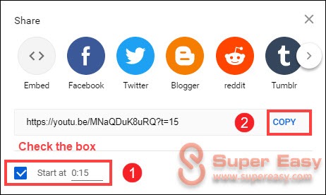 share Youtube video at specific time computer