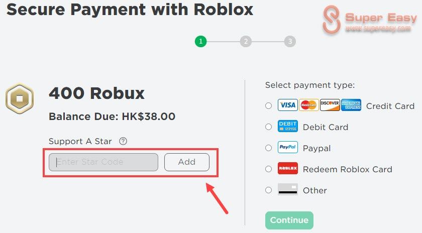 enter a Roblox Star code to support a star