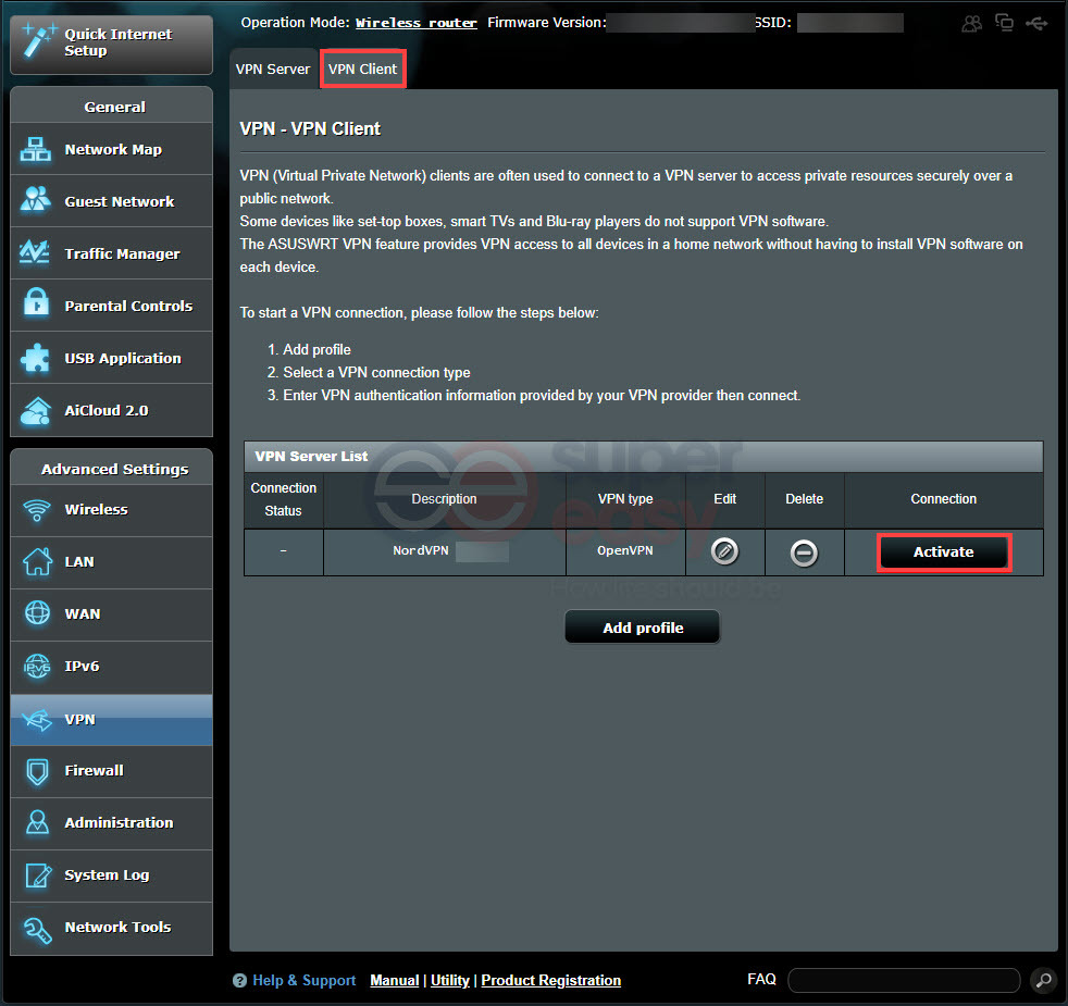 Click Activate to connect your router to NordVPN