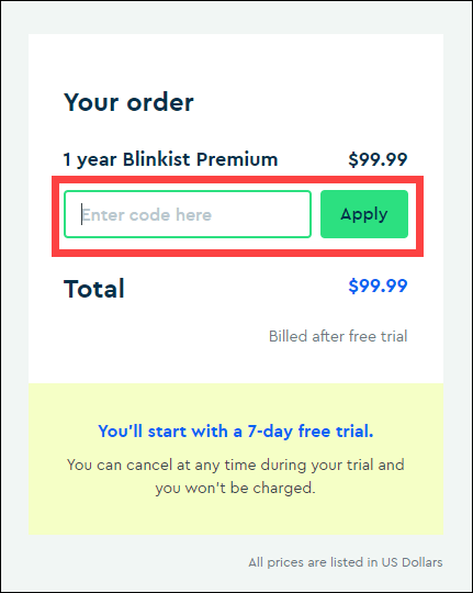 how to apply a discount code in Blinkist