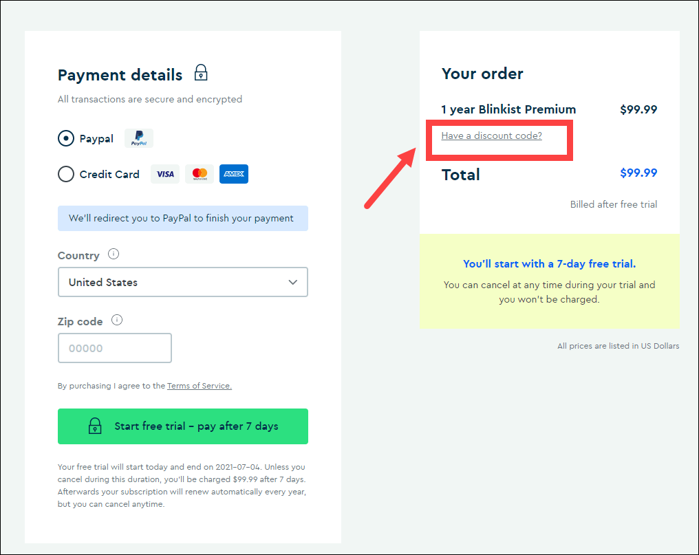 how to apply a discount code in Blinkist