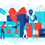 Gift card promotion concept vector illustration, cartoon flat buyer people buy gifts with red ribbon in shop, using shopping gift voucher, discount coupon