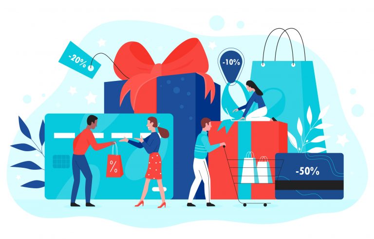 Gift card promotion concept vector illustration, cartoon flat buyer people buy gifts with red ribbon in shop, using shopping gift voucher, discount coupon