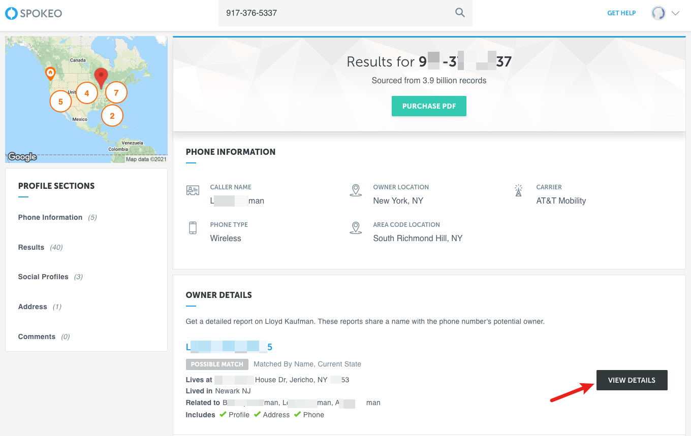 Spokeo reverse phone lookup result