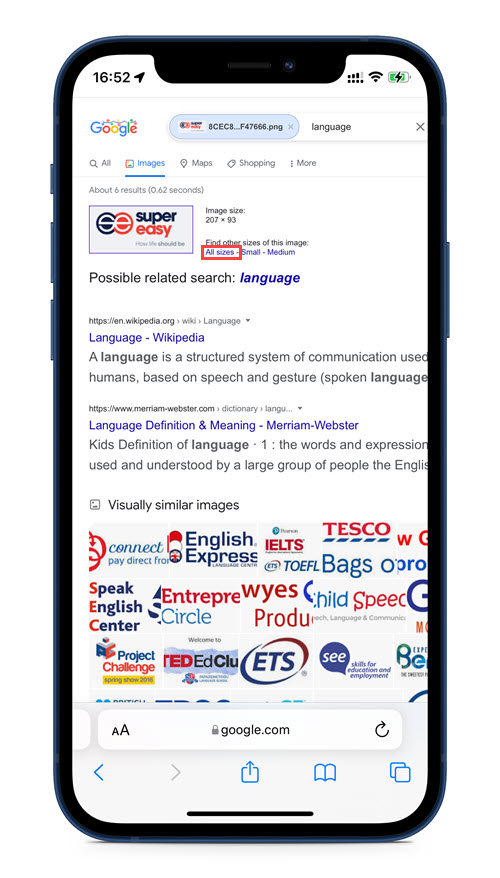 tap all sizes in image search results page
