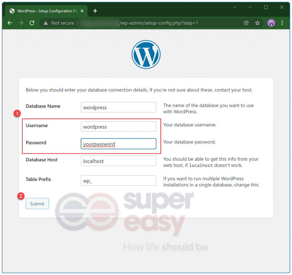 Submit wordpress database connection details