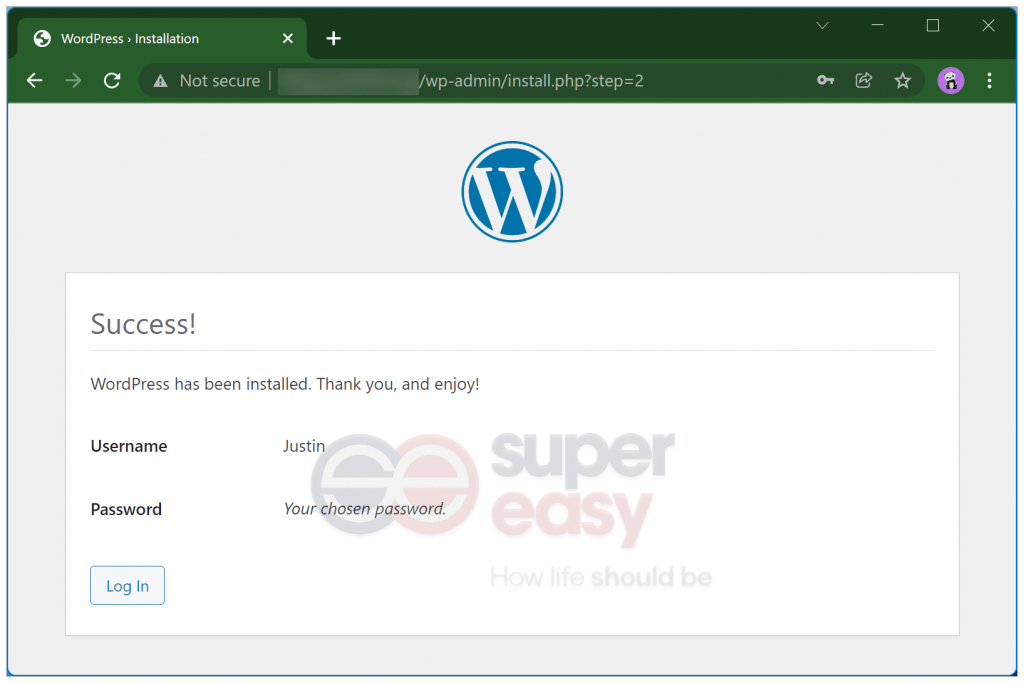 WordPress installed successfully