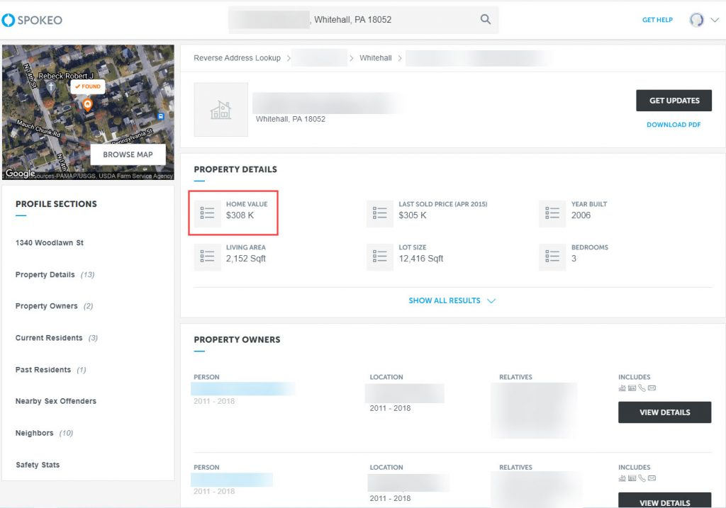 Property value report from Spokeo