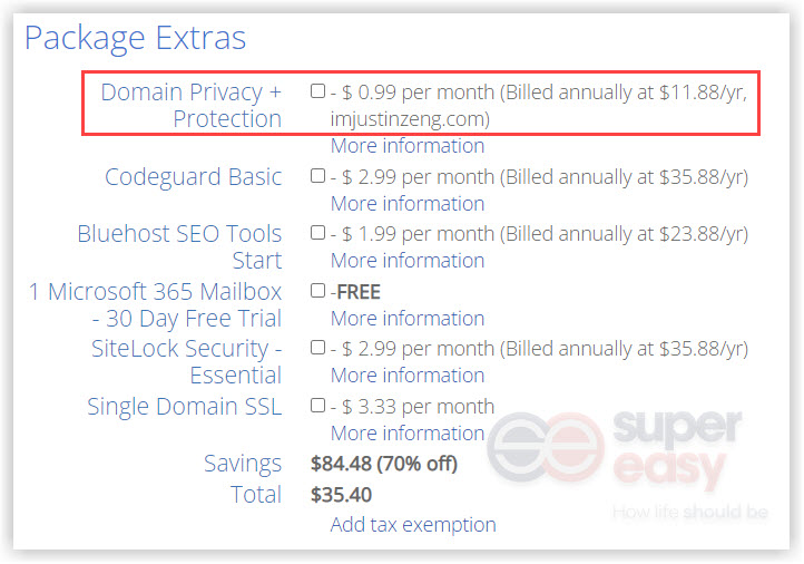 bluehost package extras