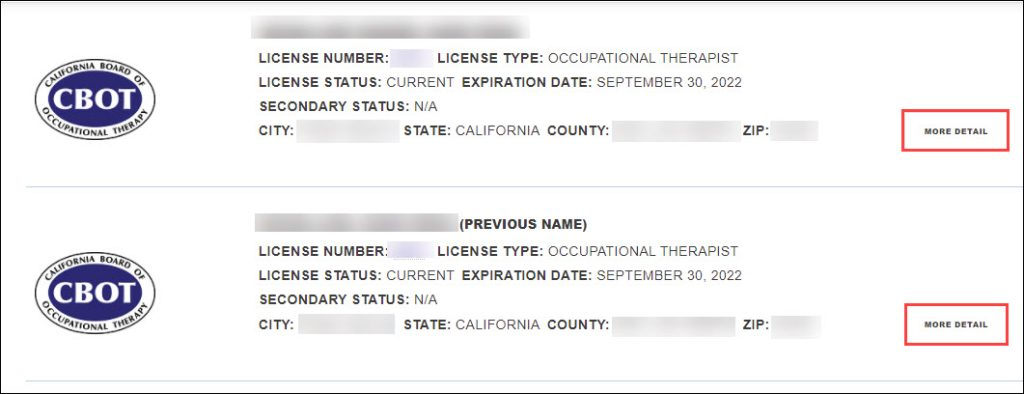 medical license lookup result from local board