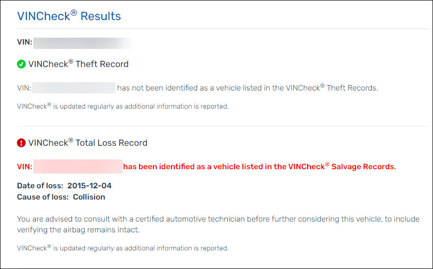 Vehicle identification number lookup - NICB results