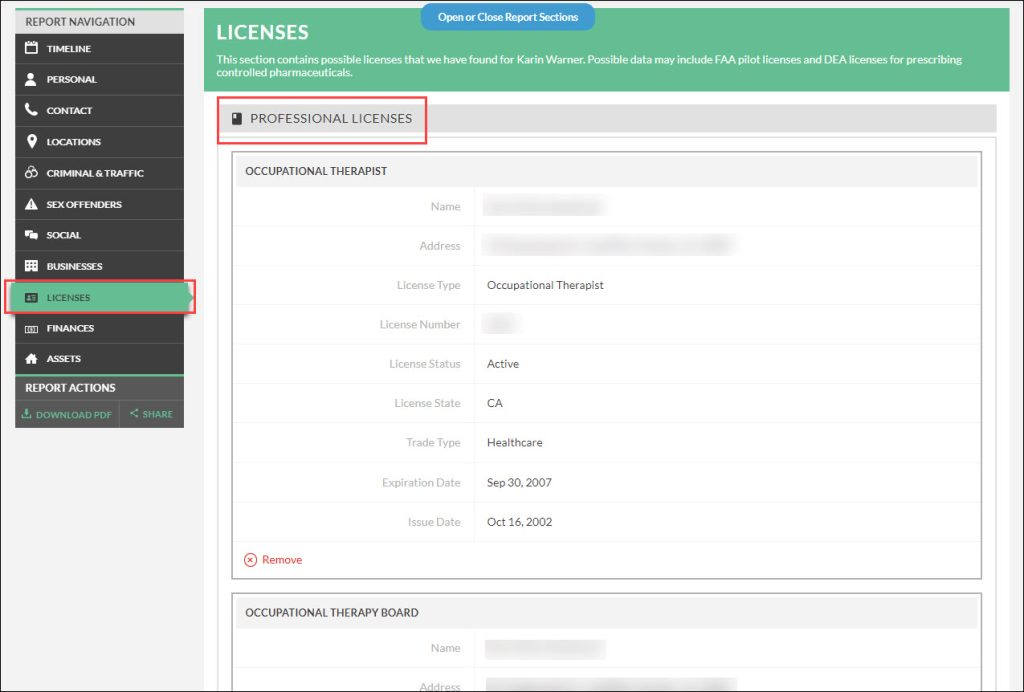 Report from TruthFinder for medical license lookup
